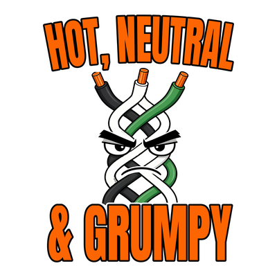 Sticker art: three twisted wires forming a grumpy face with the text HOT, NEUTRAL & GRUMPY